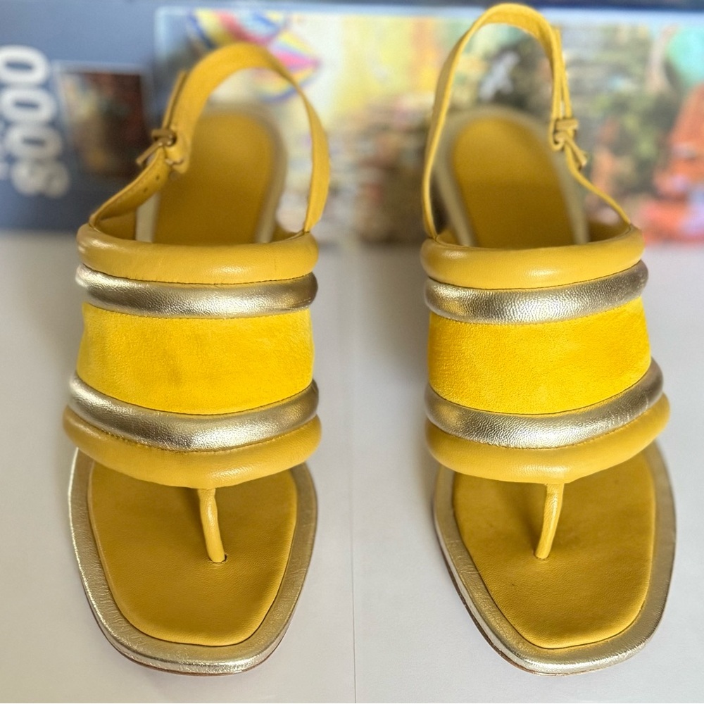 Tory Burch Puffy Wedge Sandals Silk Suede Goldfinch Yellow Gold Sz 8